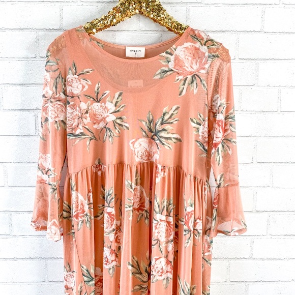 Everly Peach Floral Babydoll Dress - Picture 2 of 6